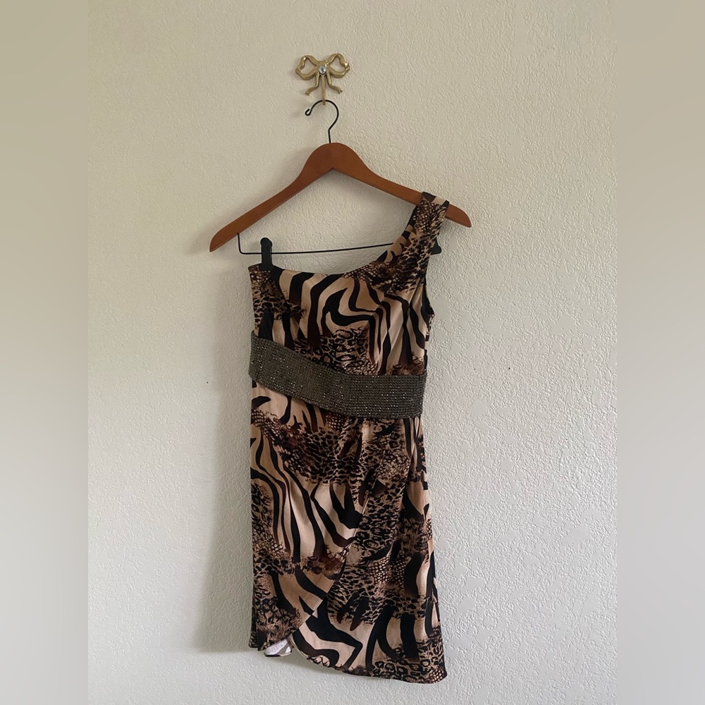Kimikal Animal leopard Print One Shoulder Crystal Belt Sexy Mini Dress M